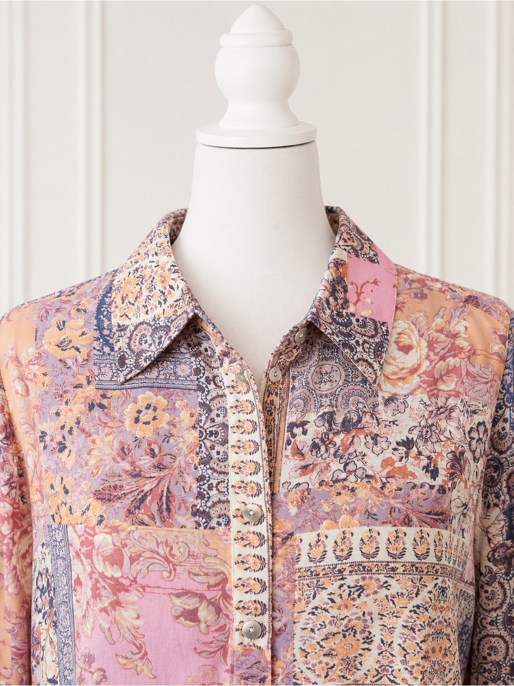 Rose + Olive Patchwork Paisley Button Front Blouse Women’s Long Sleeve - Picture 3 of 6